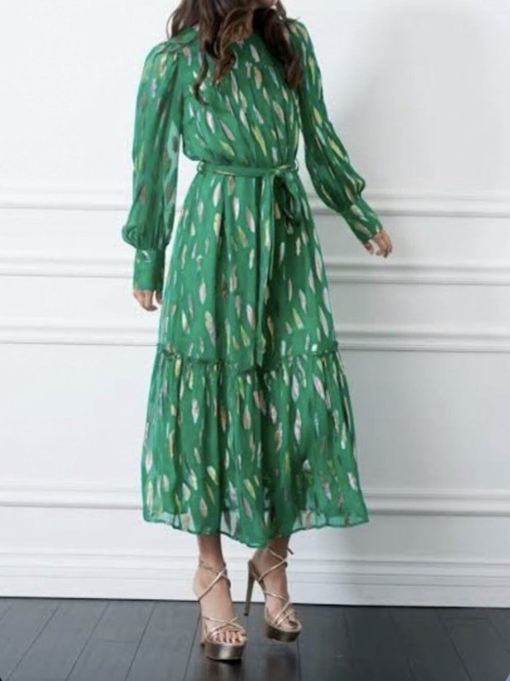 Ciebon Eryn Metallic Print Tie Waist Long Sleeve Maxi Dress Size XS